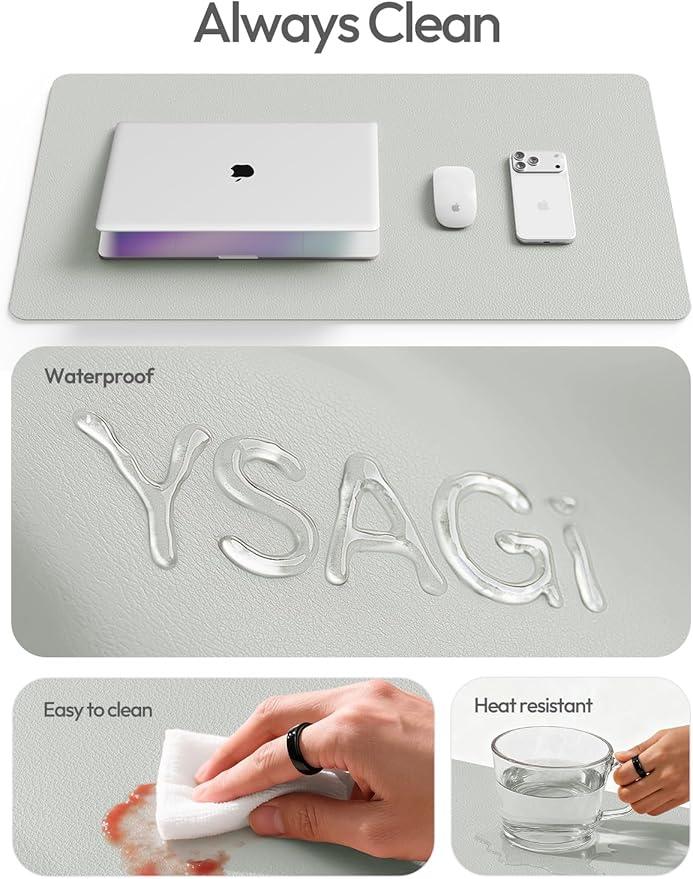 YSAGi Leather Desk Pad Protector, Office Desk Mat, Large Mouse Pad, Non-Slip PU Leather Desk Blotter, Laptop Desk Pad, Waterproof Desk Writing Pad for Office and Home (Light Grey, 23.6" x 13.8")