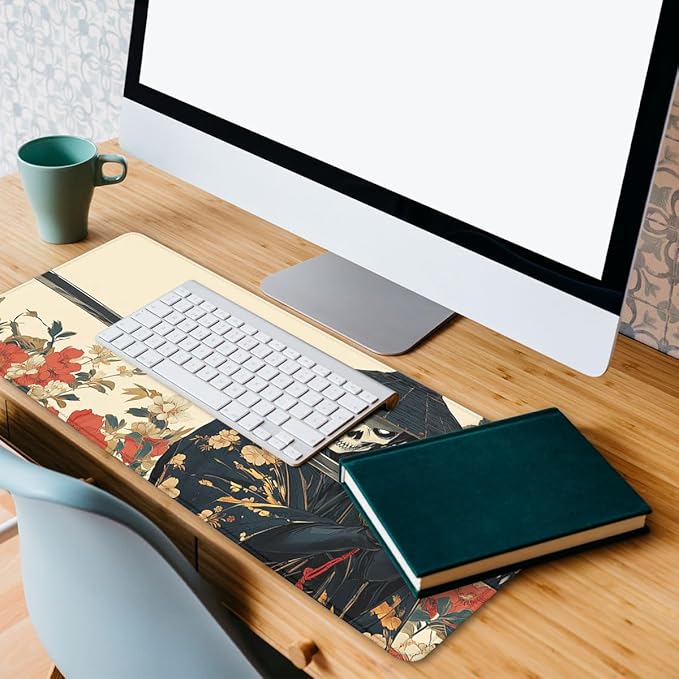 Samurai Desk Pad Mouse Pad Skull Black Gold Japanese Anime Gaming Mouse Mat with Stitched Edges,Non-Slip Waterproof Rubber Base Mous Mat Office Computer Keyboard Laptop Home 31.5"x11.8"