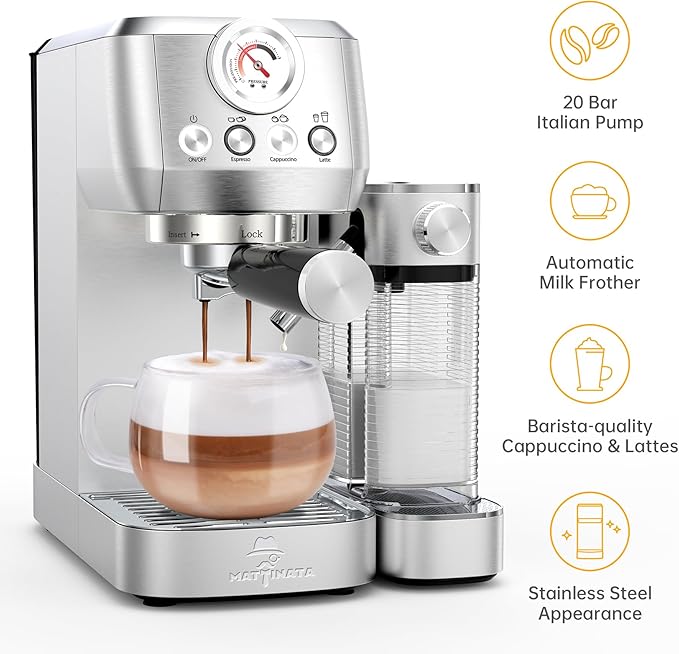 MAttinata CM1633 Cappuccino Machine 20 Bar, Professional Espresso Machines with Automatic Milk Frother, Barista Compact Latte Coffee Maker for Home, Pressure Gauge for Coffee Lovers, Stainless Steel