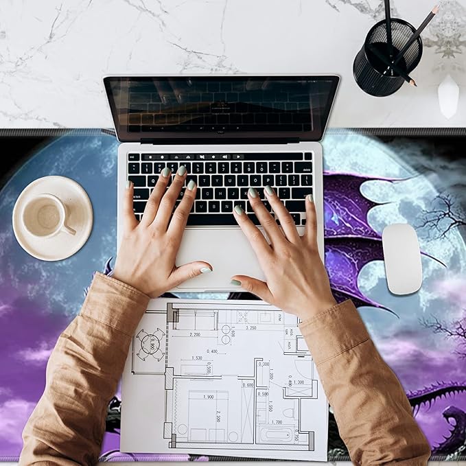 Large Gaming Mouse Pad, Purple Arcient Dragon Desk Pad, Big Extended Keyboard Mouse Mat with Stitched Edge for Laptop Computer Game Office Home Desk Decor with Coaster ﻿