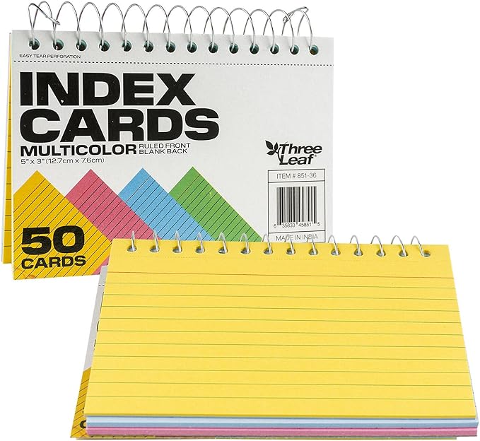 ThreeLeaf Spiral Bound Colored Index Card Books, 3x5-Inch, Ruled, Perforated, Assorted Bright Colors, 50 Cards per Book