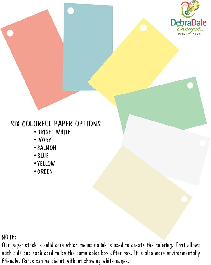 Debra Dale Designs Mini Flash Cards – 1,100 Count White + 5 Color Hole-Punched Cards with 6 Binder Rings – Blank Unruled Value Cardstock – USA Made