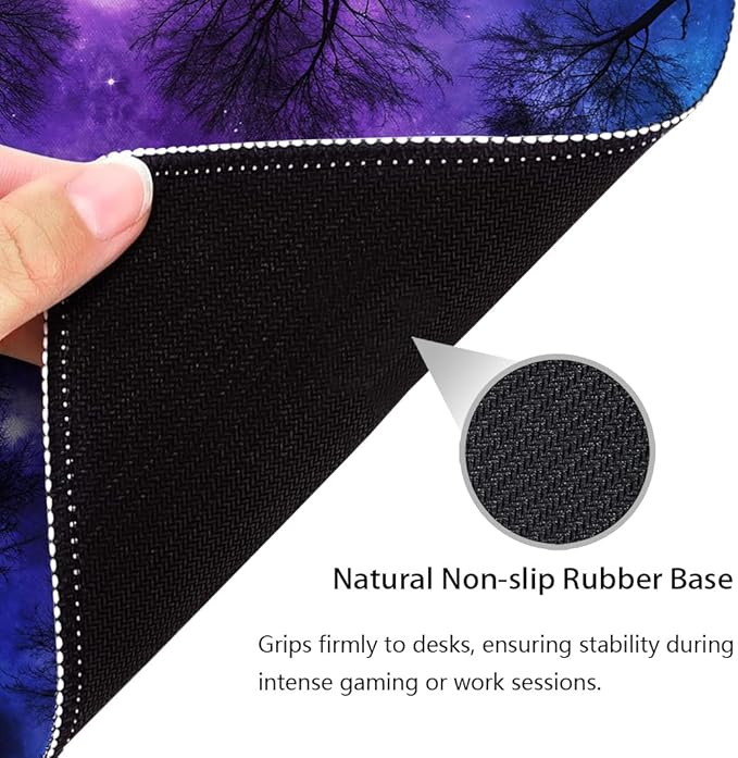 Magical Starlit Grove Night Sky Mouse Pad 9.5"x 7.9", Reinforced Stitched Edges, Durable Anti-Slip Gaming & Office Mat Desk Decor, Stars Nebula Starry Blue Purple, Dark Branches Winter Forest