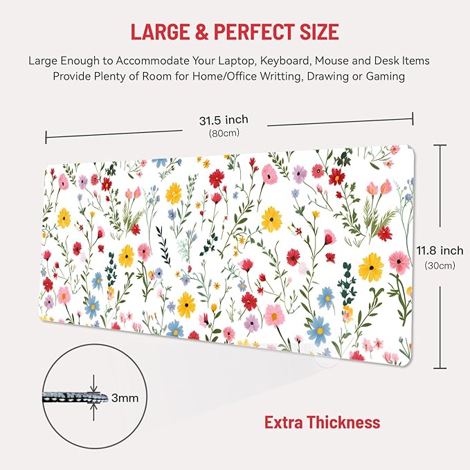 Mousepad Desk Mat Gaming Large Keyboard Cute Office Desktop Computer Laptop White Floral XXL Long Big Kawaii Aesthetic Girly Pretty Design Women Girl Gamer Oversized Wide 30x12'' Mousepad