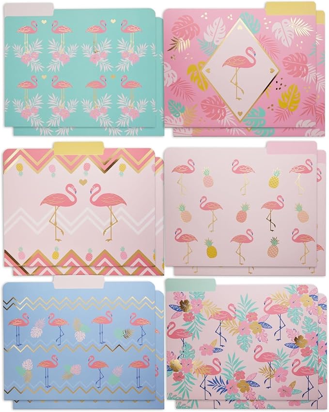 Paper Junkie Decorative File Folders - 12 Pack, Letter Size (9.5 x 11.5 in), Pink & Gold Foil Flamingo Design - Colored Hanging Files & Flamingo Folders for Office Supplies