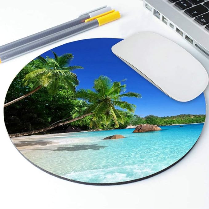 Tropical Paradise Sunshine Beach Coast Sea Palm Trees Mousepad,Custom Round Mouse Pad 7.9 x 7.9 x 0.12 Inch