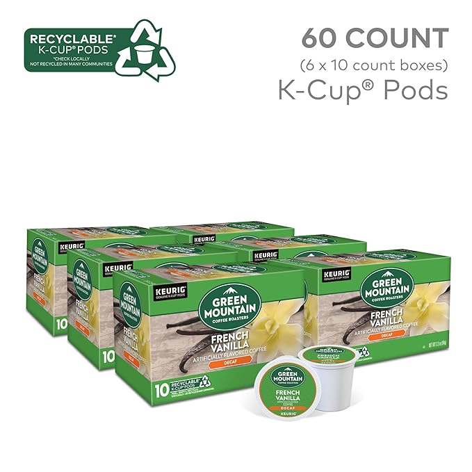 Green Mountain Coffee Roasters French Vanilla Decaf Keurig Single-Serve K-Cup pods, Light Roast Coffee, 60 Count (6 Packs of 10)