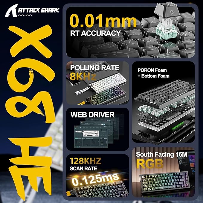 ATTACK SHARK X68 HE 8000Hz Rapid Trigger Keyboard, 0.01mm RT Accuracy Wired Gaming Keyboard with Magnetic Switch, Adjustable Actuation, Rapid Trigger, Snap Tap, RGB Lighting for PC/Mac, Moonlight