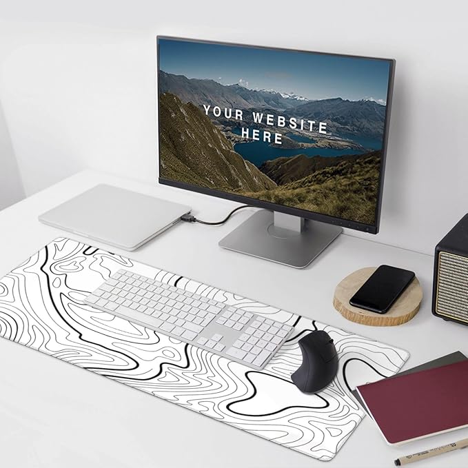 XXL White Topographic Contour Big Mouse Pad Large,Gaming Mouse Pad Desk Pad,35.4x15.7x0.12 Inch Long Computer Keyboard Mouse Mat Mousepad Non-Slip Base and Stitched Edge for Gaming and Office