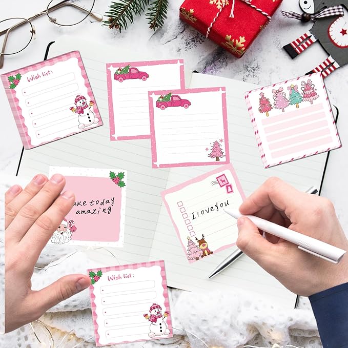 Christmas Sticky Notes Gifts - 9 Pack Pink Christmas Notepads 3x3 Inches, Merry Xmas Santa Self-Adhesive Mini Pads Notes, Winter Holiday Office School Supplies for Women Men (450 Sheets)