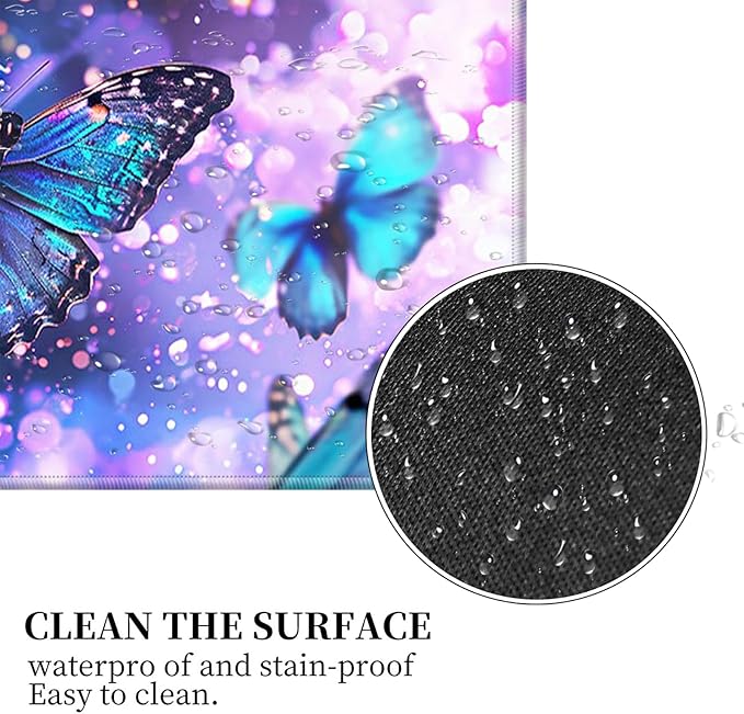 Large Gaming Mouse Pad, Purple Blue Butterflies Desk Pad, Big Extended Keyboard Mouse Mat with Stitched Edge for Laptop Computer Game Office Home Desk Decor with Coaster ﻿