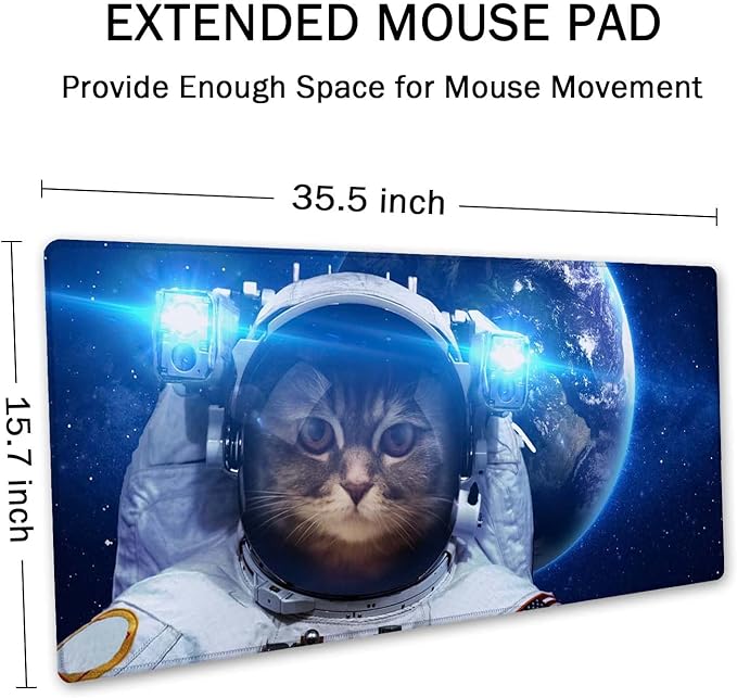 SSOIU Large Mouse Pad, Full Desk XXL Extended Gaming Mouse Pad 35.5" X 15.7", Waterproof Desk Mat Stitched Edges, Non-Slip Laptop Computer Keyboard Mousepad for Office and Home - Galaxy Astronaut Cat