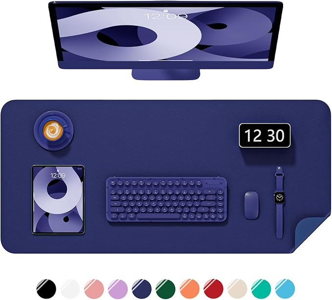 Desk Pad, 23.6" x 13.8" PU Leather Non-Slip Desk Mat Large Mouse Pad for Desktop, Waterproof Laptop Computer Writing Mat for Office, Home, Work, Gaming, Violet Blue