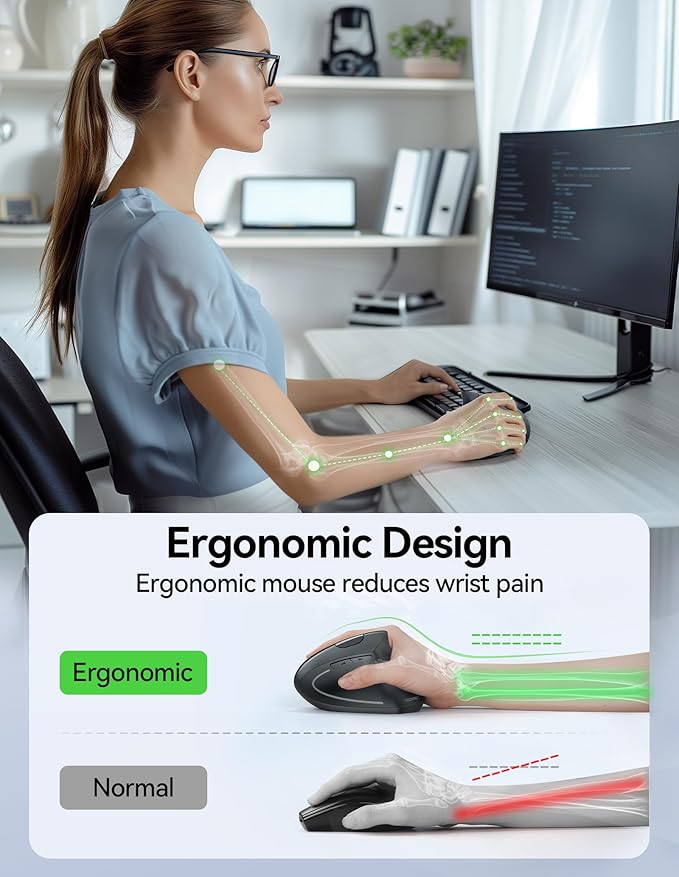 TECKNET Ergonomic Mouse, Rechargeable Vertical Ergo Mouse Wireless 800-4800 Levels 5 Adjustable DPI, Silent 2.4GHz Optical Carpal Tunnel Mouse for Right Hand, USB Wireless Mice for Laptop, PC