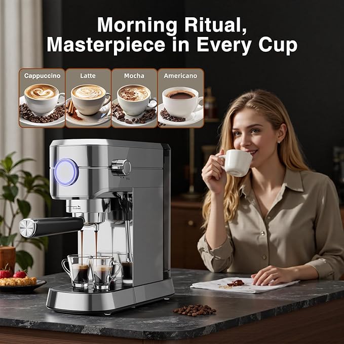 Crzoe 20 Bar Expresso Coffee Machines, Compact 1350W Espresso Machine with Milk Frother, Stainless Steel Cappuccino Machine with Fast Heating System, 1.2L Removable Water Tank, for Home&Office
