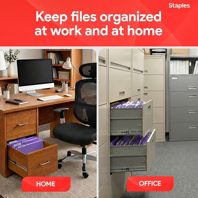 Staples Hanging File Folders, Letter Size, Purple, 1/5‑Cut Tabs, Tear‑Resistant, Includes Tabs & Inserts – 25/Pack