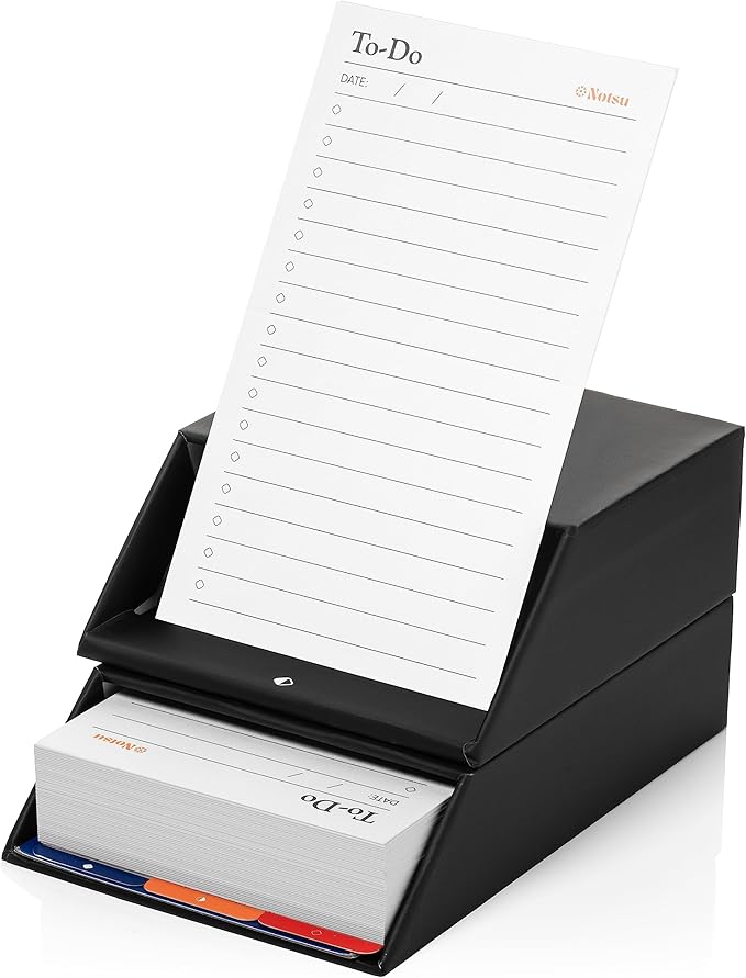 Notsu Centre Rise To Do List Card Box Set | 50 Foldable To-Do Vertical Notecards 3x5, Productivity Index Card Organizer Tab Dividers, Desk Card Holder Stand (Black)