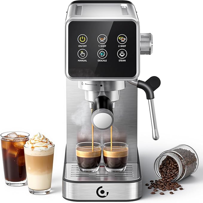 AMZCHEF Espresso Machine 20 Bar, Easy-to-Use Compact Coffee Maker with LED Touchscreen, Self-Cleaning & Milk Frother, Perfect Coffee Starter for Beginners, Lattes and Cappuccinos Machine
