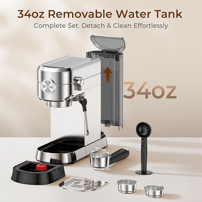 Electactic Espresso Machine with Milk Frother, 20 Bar Espresso Coffee Maker, Compact Coffee Machine with 34oz Removable Water Tank for Home, Office, Latte, Cappuccino, Macchiato