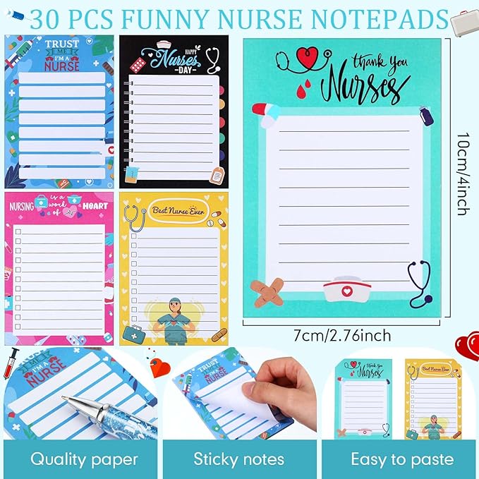 Geyoga 60 Pcs Funny Nurses Week Gifts Bulk 2026 Nurse Notepads with Pens Mini Sticky Notes Ballpoint Pens Nurse Appreciation Gifts for Certified Pharmacy Medical Assistant Office Work(Stylish)
