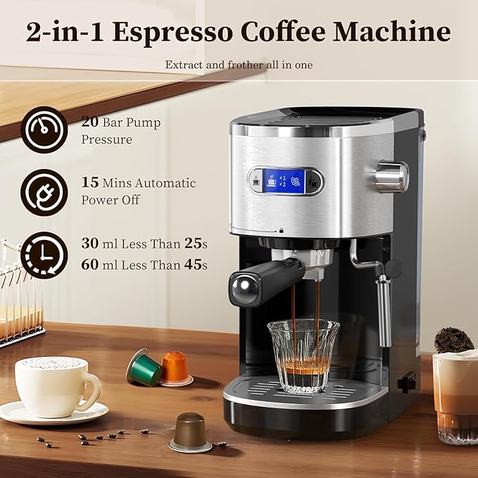 Xbeauty Espresso Machine 20 Bar, Semi-Automatic Professional Coffee Machine for Cappuccino & Latte with Milk Frother Steam Wand,LCD Display,45 oz Removable Water Tank,NTC Digital Temp Control,Black