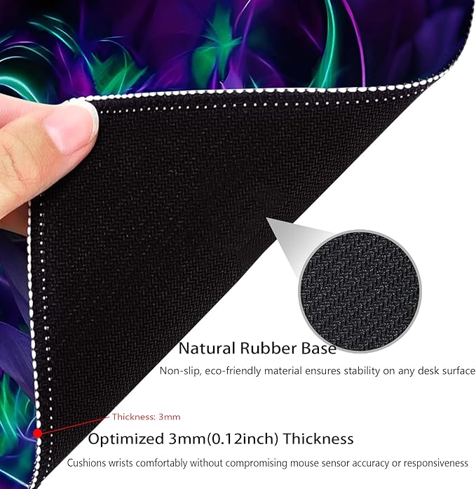 Abstract Modern Neon Lotus Painting Purple Anti-Slip Gaming & Office Mouse Pad with Stitched Edges 9.5 x 7.9 Inch, Glowing Flowers Blossom Art Durable Smooth Fabric Surface Desk Mat