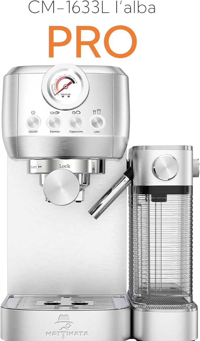 MAttinata CM1633 Cappuccino Machine 20 Bar, Professional Espresso Machines with Automatic Milk Frother, Barista Compact Latte Coffee Maker for Home, Pressure Gauge for Coffee Lovers, Stainless Steel