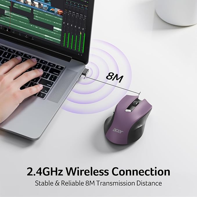 acer Wireless Mouse for Laptop, 2.4GHz Computer Mouse 3 Adjustable DPI Office Cordless USB Mice with USBA Receiver, 6 Buttons, 1600 DPI, Medium to Large Sized Hands (Purple)