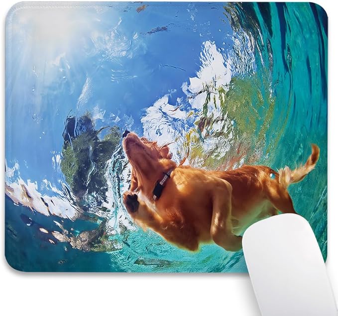 Labrador Underwater Mouse Pad 9.5"x 7.9", Reinforced Stitched Edges, Durable Anti-Slip Gaming & Office Mat Desk Decor, Funny Puppy Blue Waters Cute Happy Golden Retriever Swimming in Pool