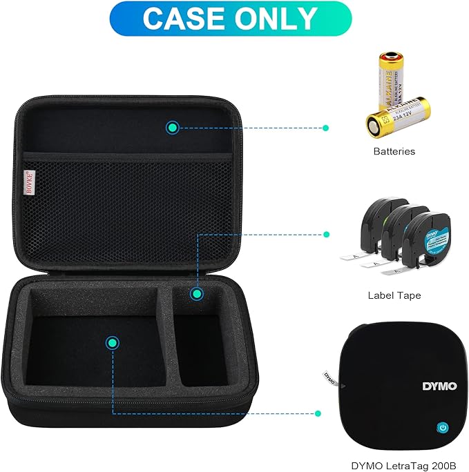 BOVKE Travel Case for DYMO LetraTag 200B Bluetooth Label Maker, DYMO LetraTag Wireless Compact Label Printer Holder with Extra Space for Letratag Refills Label Tapes and Spare Batteries, Black