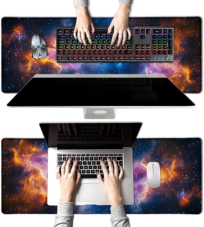 Space Universe Nebula Galaxy Large Mouse Pad, Desk Mat Computer Keyboard Pad Non-Slip Rubber Base Waterproof with Stitched Edges for Laptop Gaming, Office & Home 31.5 x 11.8 Inch (XL-19)