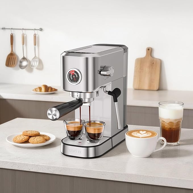 XIXUBX 20 Bar Espresso Machine, Compact Stainless Steel Espresso Maker with Milk Frother and Milk Frothing Pitcher, Coffee Machine for Cappuccino and Latte, 42 oz Water Tank for Home, Office, Silver
