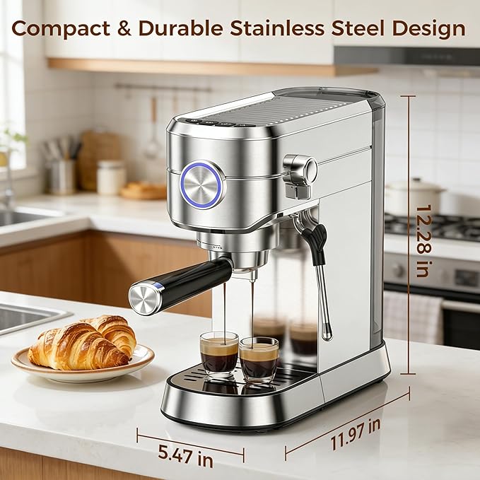 Electactic Espresso Machine 20 Bar, Compact Espresso Coffee Maker with Steam Milk Frother, Stainless Steel Coffee Machine with 34oz Removable Water Tank for Cappuccino, Latte