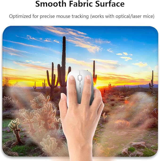 Saguaros at Sunset Scenery Mouse Pad 9.5"x 7.9", Reinforced Stitched Edges, Durable Anti-Slip Gaming & Office Mat Desk Decor, North American Nature Landscape Botanical Cactus in Sonoran Desert