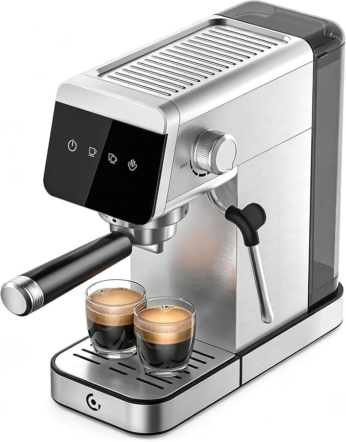 AMZCHEF Espresso Machine 20 Bar, Compact Coffee Maker with LED Touch Screen & Milk Frother, Brushed Stainless Steel Housing Espresso Maker for Home & Office, Coffee Machine for Cappuccino, Latte