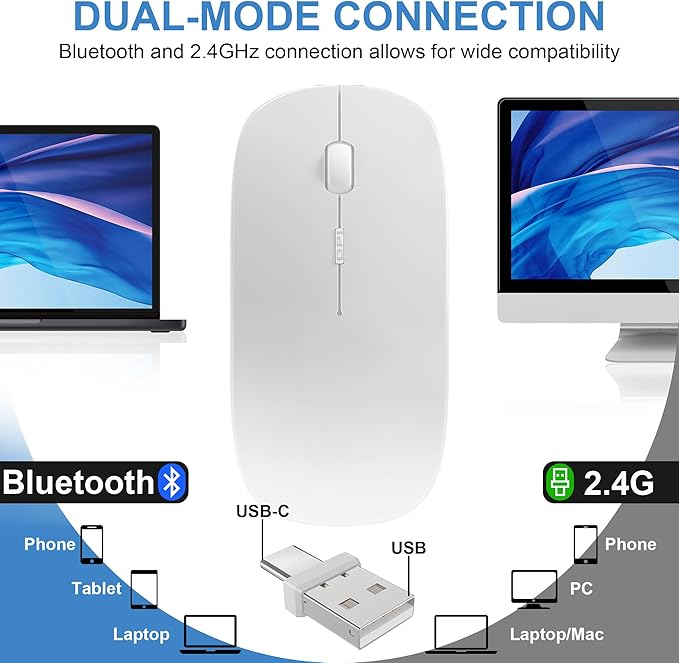 Bluetooth Wireless Mouse for MacBook Air Mac Pro Laptop Computer iPad Pad PC Laser Optical Rechargeable Mini Slim Silent Mouse Widely Used Desktop Hp iMac (White)