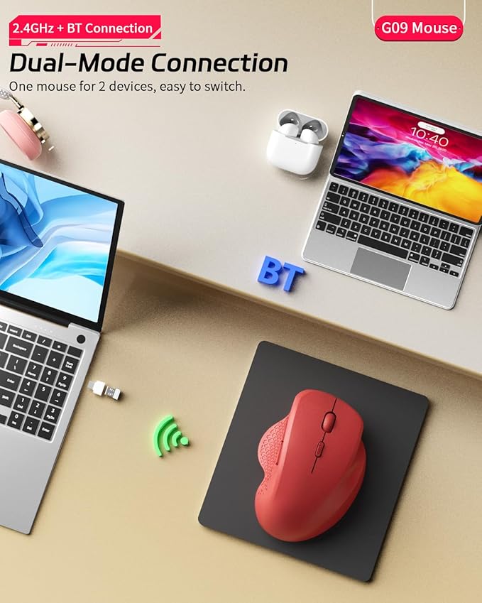 Uiosmuph G09 Bluetooth Wireless Mouse, BT5.1 & 2.4Ghz Rechargeable Computer Mouse with USB Receiver and Type C Adapter, Ergonomic Bluetooth Mice for Laptop, iPad, Mac - Red