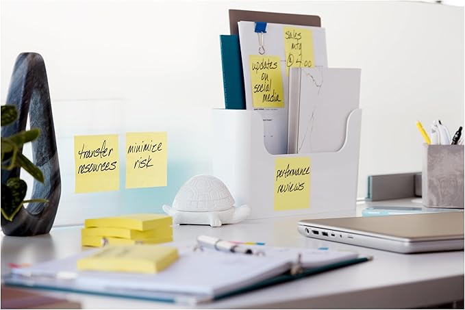 Post-it 100% Recycled Paper Super Sticky Notes, Canary Yellow, 3 in. x 3 in., 12 Sticky Note Pads, 70 Sheets per Pad, New Year Organization or Second Semester School Supplies