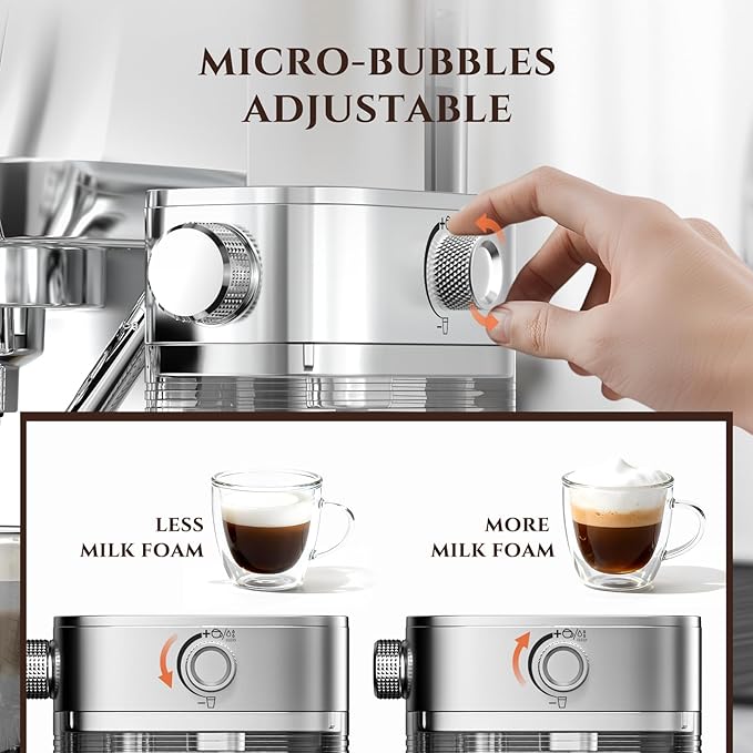 AMZCHEF Espresso Machine with Upgraded Automatic Milk Frother, 20 Bar Cappuccino Machines with LCD Display for Home Gifts, Latte Coffee Maker with Dual Wall & Filters, Sliver