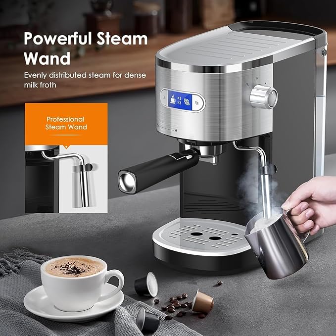 COWSAR Commercial-Grade Espresso Machine, 20Bar High Pressure Compact Coffee Maker with Milk Frother Steam Wand. Equipped with 45oz Detachable Water Tank, Ideal for Brewing Cappuccino