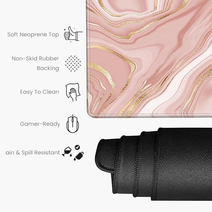Gold Pink Marble Mouse Pad 24 x 12 inch Mousepad Gaming Desk Mat Large Computer Pad with Non-Slip Base Office Home Work