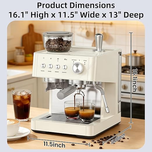 (2026 Upgrade) 15 Bar Espresso Machine with Built-in Anti-Clog Coffee Grinder, Expresso Coffee Machines with Milk Steam Wand/Frother/Tamping Tools,Espresso Maker with Grinder for Lattes-Almond
