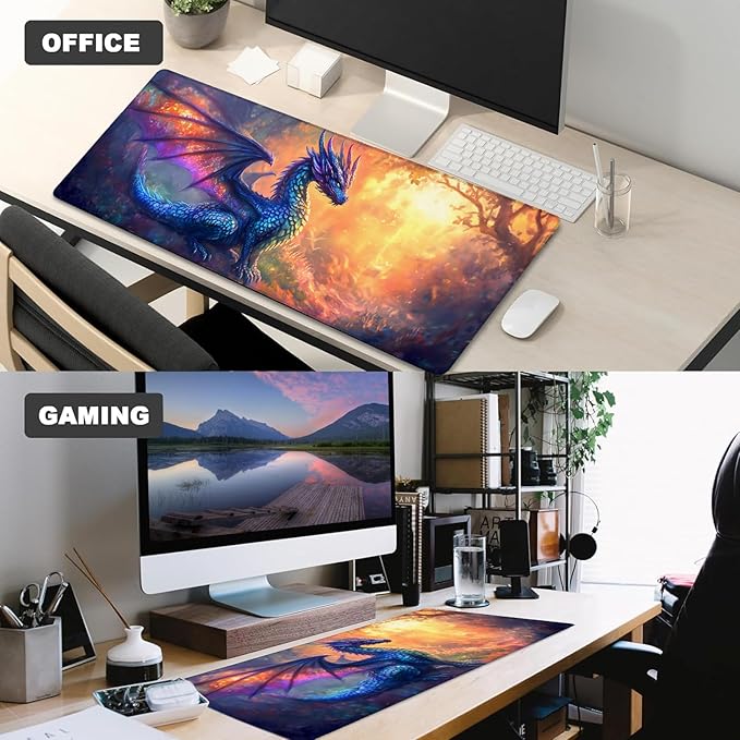 Fantasy Dragon Gaming Mouse Pad – 12x31.5in Large Extended Desk Mat with Enchanting Forest Design – Non-Slip Rubber Mousepad for Office Home – Deskmat Gifts for Animal Lovers Decor