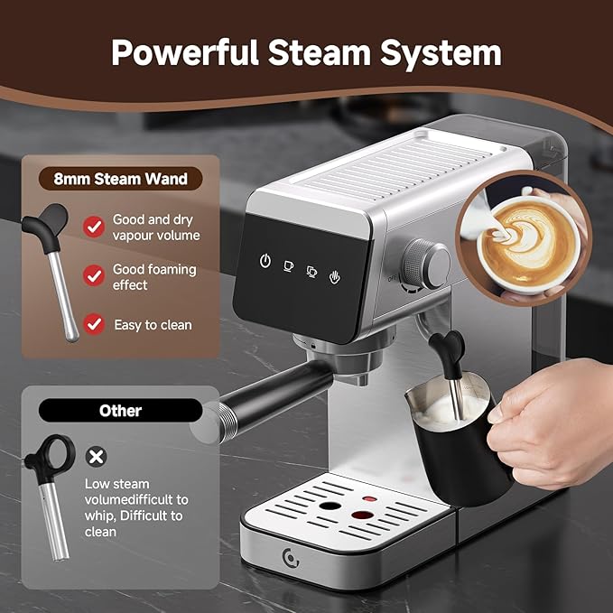 AMZCHEF Espresso Machine 20 Bar, Compact Coffee Maker with LED Touch Screen & Milk Frother, Brushed Stainless Steel Housing Espresso Maker for Home & Office, Coffee Machine for Cappuccino, Latte