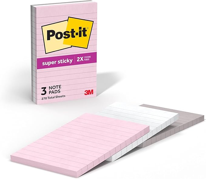 Post-it Super Sticky Notes, 3 Lined Sticky Note Pads, 4 x 6 in., School Supplies, Office Products, Sticky Notes for Vertical Surfaces, Monitors, Walls and Windows, Simply Serene Collection