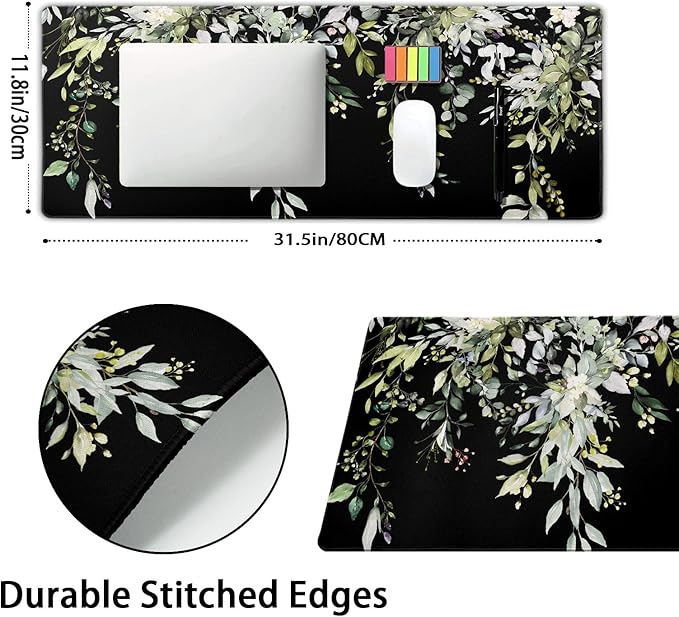 aportt Sage Green Leaves Gaming Mouse Pad XL Spring Summer Floral Extended Large Desk Mat Black Big Mousepad Non-Slip Rubber Base Stitched Edge Long for Desktop Office Computer Gamer,31.5×11.8 in