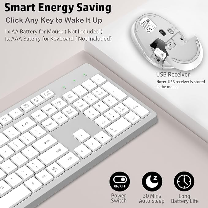 LeadsaiL K786 Wireless Keyboard and Mouse Combo, 2.4GHz Lag-Free Wireless, Full Size Ergonomic Keyboard Silent Mouse for Windows Mac PC Laptop, 12 FN Shortcuts, Long Battery Life - White and Grey