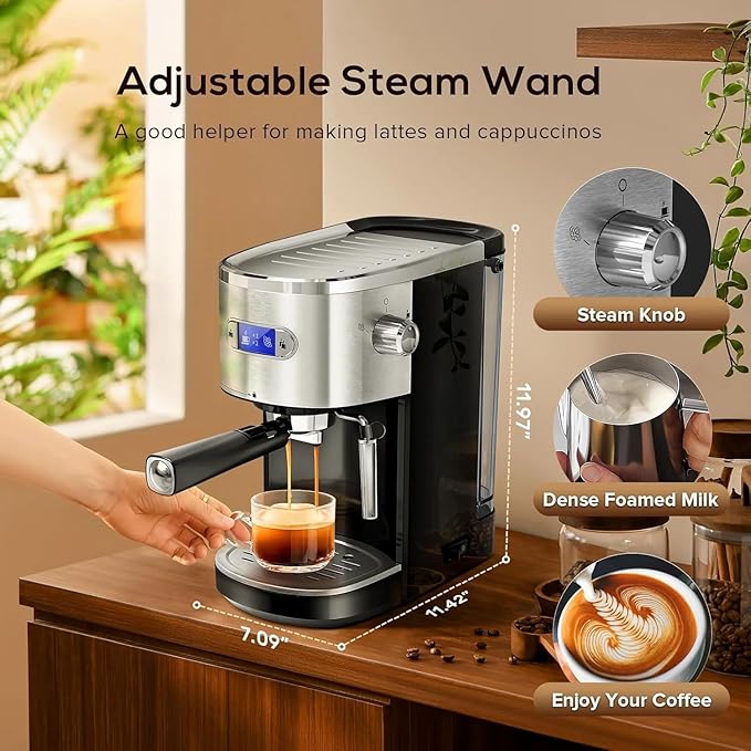 Xbeauty Espresso Machine 20 Bar, Semi-Automatic Professional Coffee Machine for Cappuccino & Latte with Milk Frother Steam Wand,LCD Display,45 oz Removable Water Tank,NTC Digital Temp Control,Black