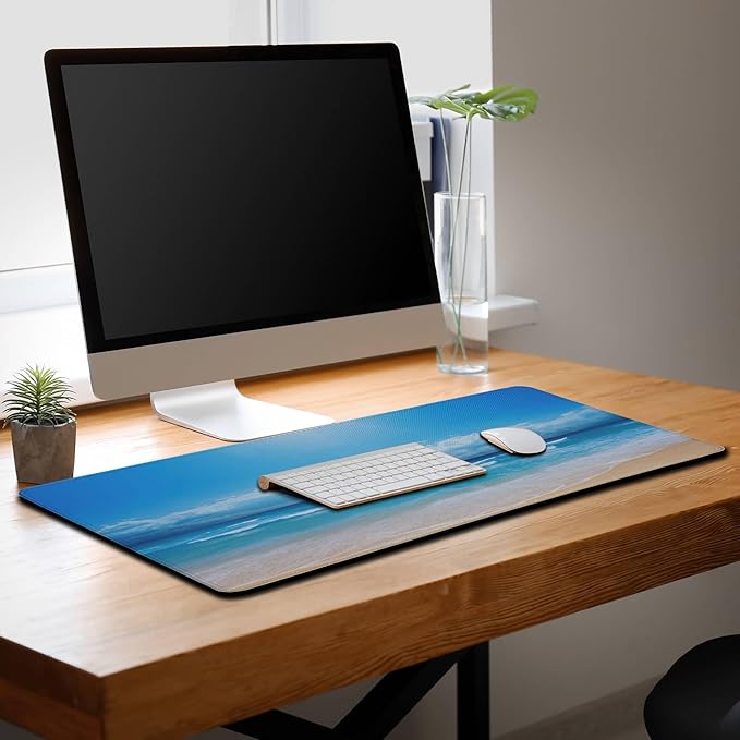 Desktop Mouse Pad Blue Full Desk Mat Large Mouse Pads Desktop Mats Large Mouse Mat Non-Slip Rubber Base Waterproof with Stitched Edges 35.4" X 15.7" for Game Office, Sea Water and Beach