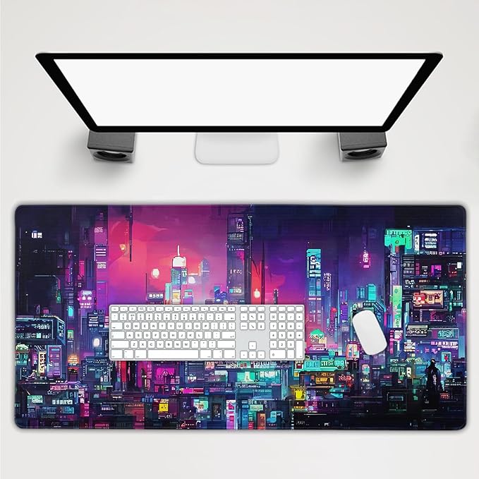 Retro Japanese Anime Gaming Mouse Pad Extended 3XL Cool Dark Purple Red Vaporwave City Large Desk Mat Big Mousepad Non-Slip Rubber Base Stitched Edge Long Desk Pad for Desktop Computer,47.2×23.6 in